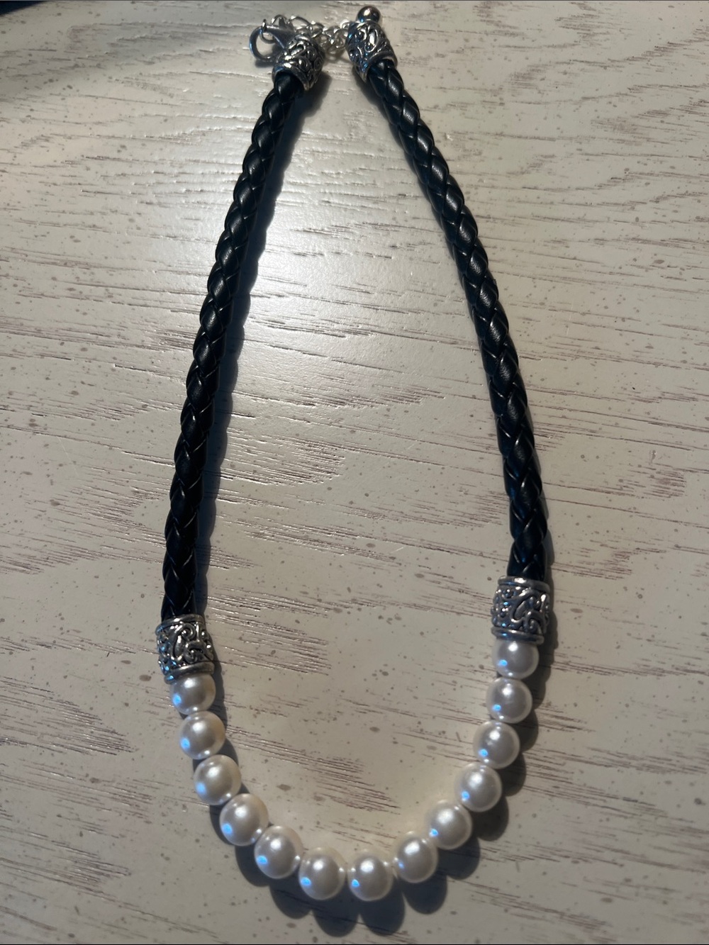 Pearl and Black Braided Rope Necklace